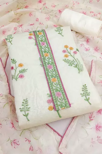 women's white unstitched cambric cotton dress material with printed dupatta