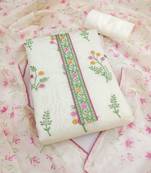 women's white unstitched cambric cotton dress material with printed dupatta