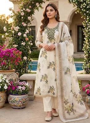 women's multi unstitched simmer silk dress material with printed dupatta 4