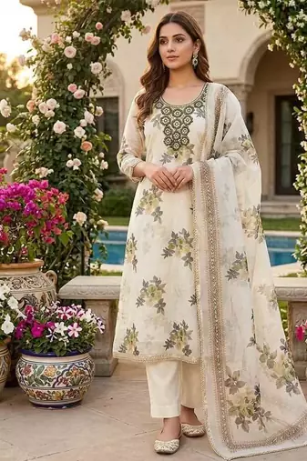 women's multi unstitched simmer silk dress material with printed dupatta
