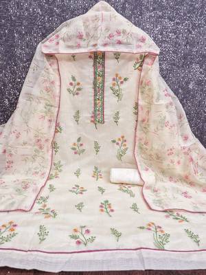 women's white unstitched cambric cotton dress material with printed dupatta 2