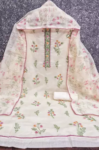 women's white unstitched cambric cotton dress material with printed dupatta