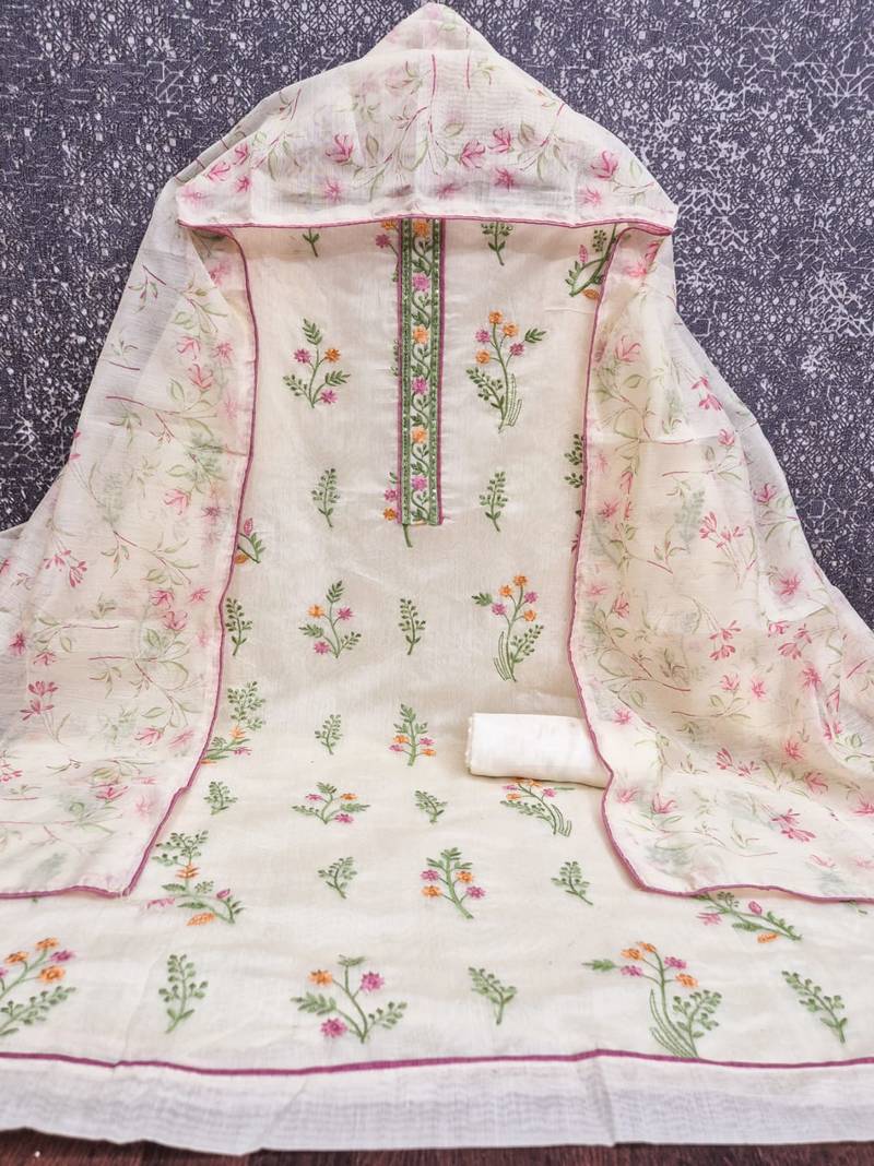 women's white unstitched cambric cotton dress material with printed dupatta