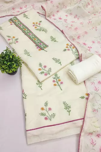 women's white unstitched cambric cotton dress material with printed dupatta