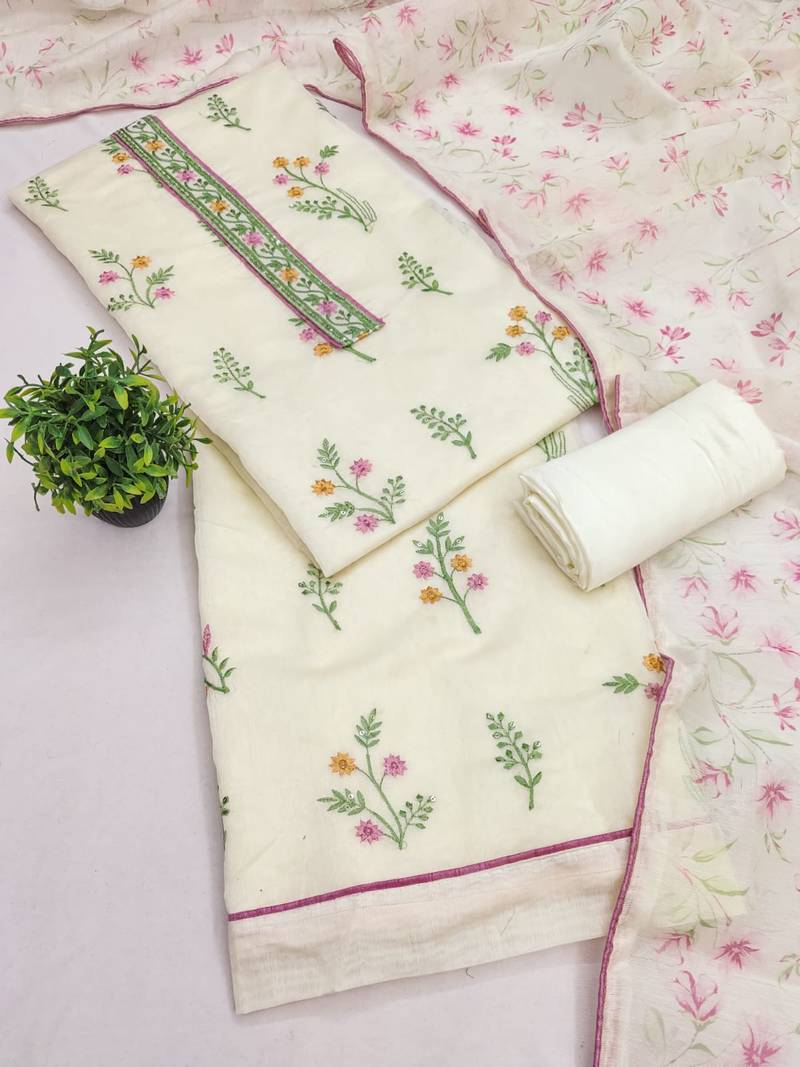 women's white unstitched cambric cotton dress material with printed dupatta