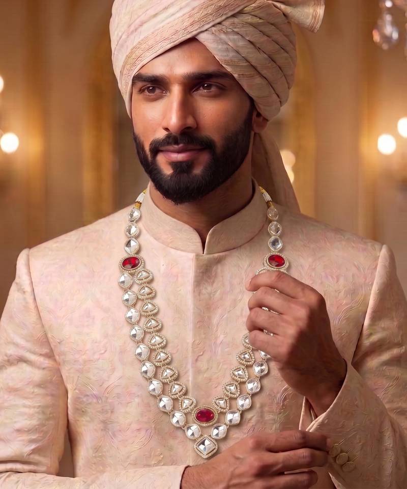 Maroon kundan groom necklace – classic sherwani accessory