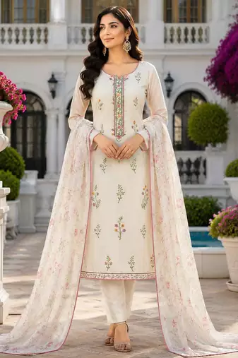 women's white unstitched cambric cotton dress material with printed dupatta