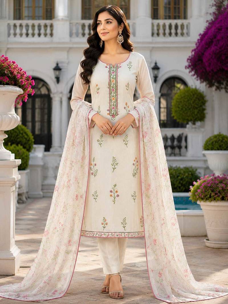 women's white unstitched cambric cotton dress material with printed dupatta