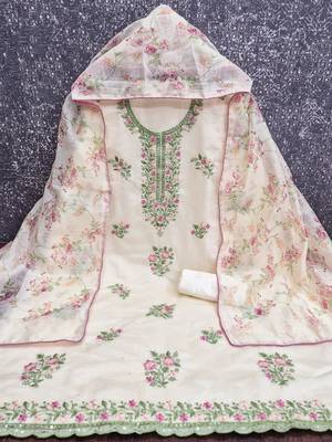 women's white unstitched cambric cotton dress material with printed dupatta 2