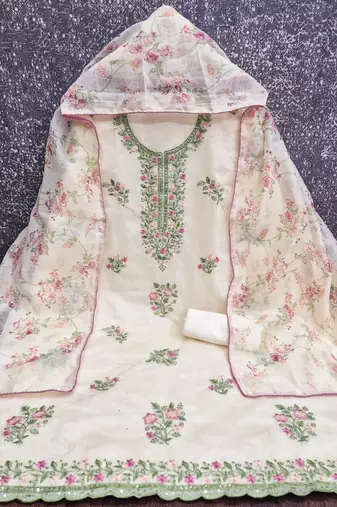 women's white unstitched cambric cotton dress material with printed dupatta