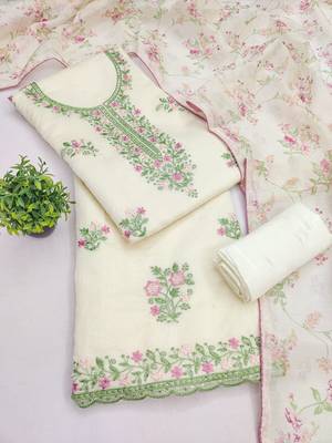 women's white unstitched cambric cotton dress material with printed dupatta 3