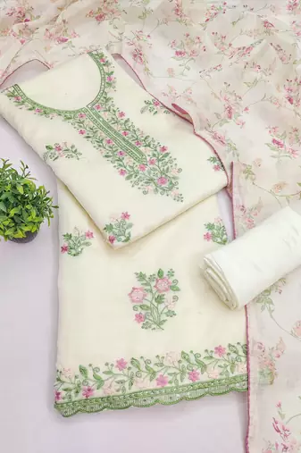 women's white unstitched cambric cotton dress material with printed dupatta