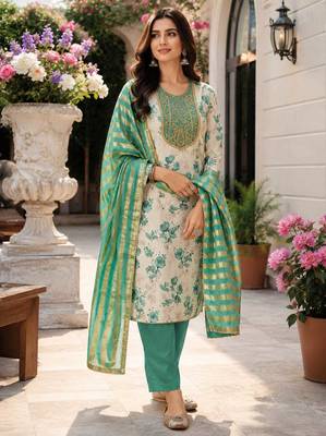 women's multi unstitched simmer dress material with jacquard dupatta 4