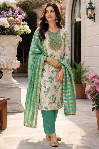 women's multi unstitched simmer dress material with jacquard dupatta
