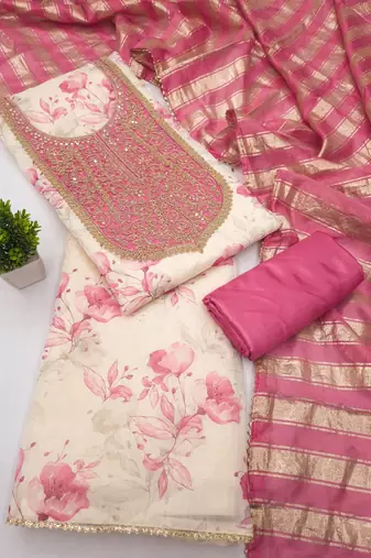 women's multi unstitched simmer dress material with jacquard dupatta
