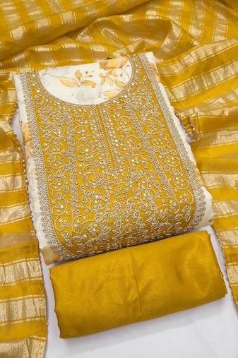 women's multi unstitched simmer dress material with jacquard dupatta