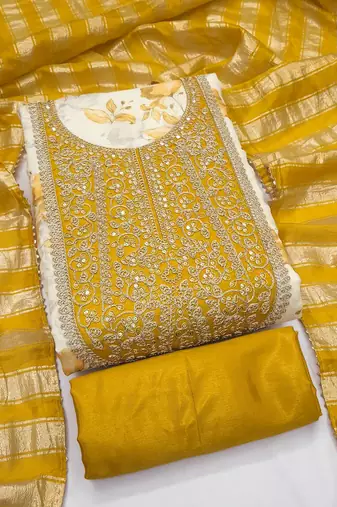 women's multi unstitched simmer dress material with jacquard dupatta