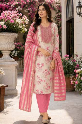 women's multi unstitched simmer dress material with jacquard dupatta