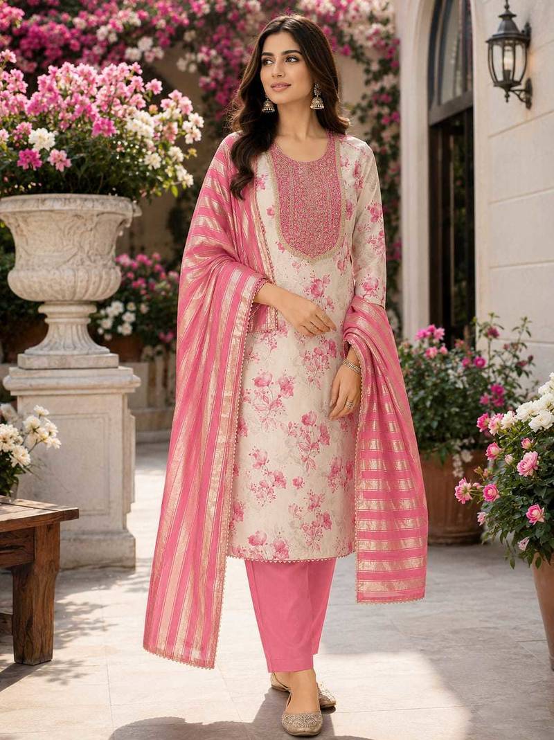 women's multi unstitched simmer dress material with jacquard dupatta