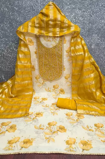 women's multi unstitched simmer dress material with jacquard dupatta