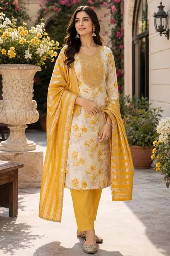 women's multi unstitched simmer dress material with jacquard dupatta