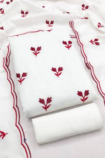 women's white unstitched vichitra silk dress material with embroidered dupatta