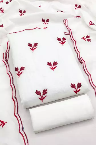 women's white unstitched vichitra silk dress material with embroidered dupatta