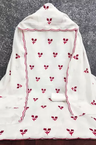 women's white unstitched vichitra silk dress material with embroidered dupatta