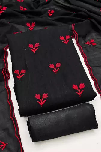 women's black unstitched vichitra silk dress material with embroidered dupatta