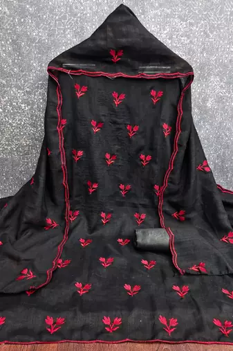 women's black unstitched vichitra silk dress material with embroidered dupatta