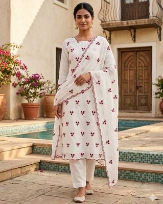 women's white unstitched vichitra silk dress material with embroidered dupatta 4