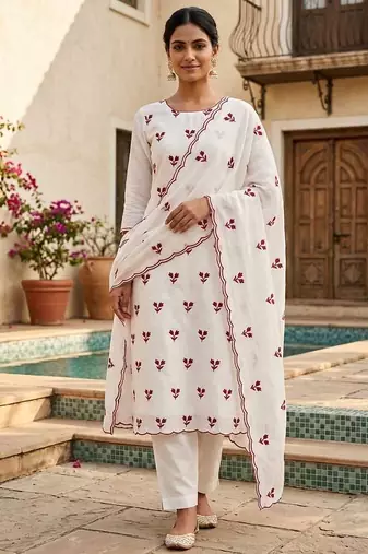 women's white unstitched vichitra silk dress material with embroidered dupatta