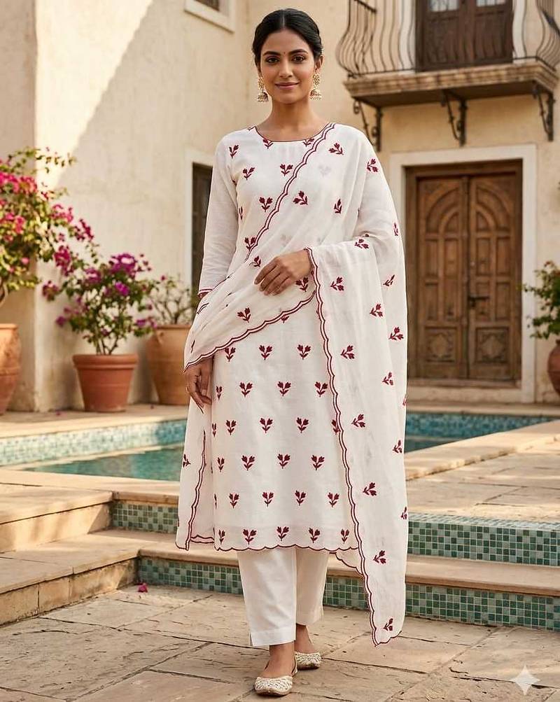 women's white unstitched vichitra silk dress material with embroidered dupatta