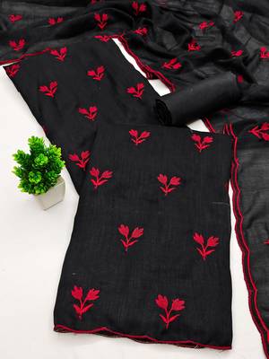 women's black unstitched vichitra silk dress material with embroidered dupatta 4