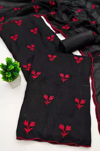 women's black unstitched vichitra silk dress material with embroidered dupatta