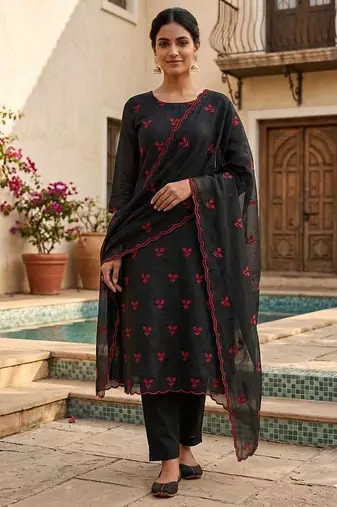 women's black unstitched vichitra silk dress material with embroidered dupatta