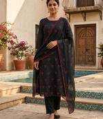 women's black unstitched vichitra silk dress material with embroidered dupatta