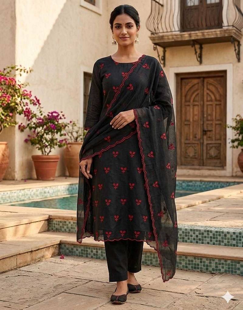 women's black unstitched vichitra silk dress material with embroidered dupatta