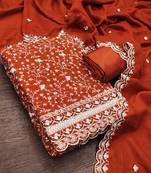 women's rust unstitched vichitra silk dress material with embroidered dupatta