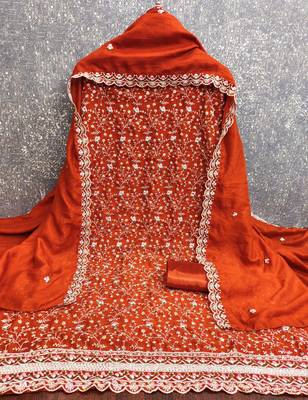 women's rust unstitched vichitra silk dress material with embroidered dupatta 2