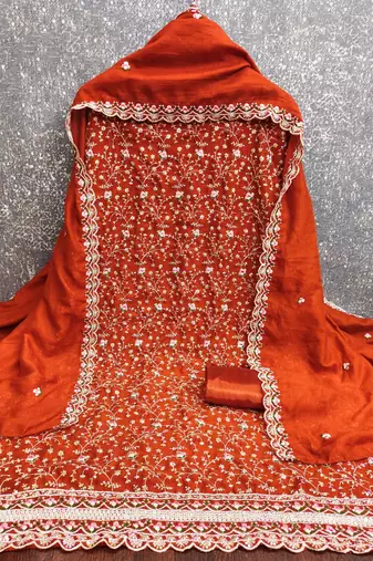 women's rust unstitched vichitra silk dress material with embroidered dupatta