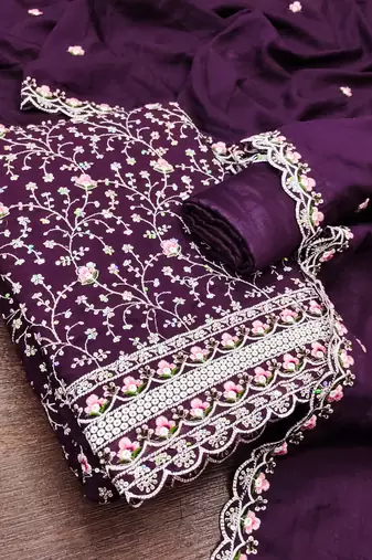 women's purple unstitched vichitra silk dress material with embroidered dupatta