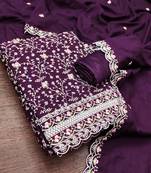 women's purple unstitched vichitra silk dress material with embroidered dupatta
