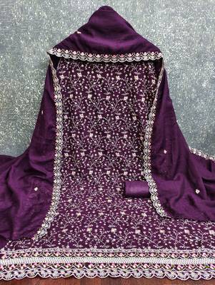 women's purple unstitched vichitra silk dress material with embroidered dupatta 2