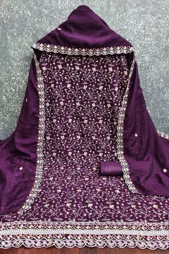 women's purple unstitched vichitra silk dress material with embroidered dupatta