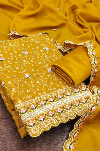 women's mustard unstitched vichitra silk dress material with embroidered dupatta