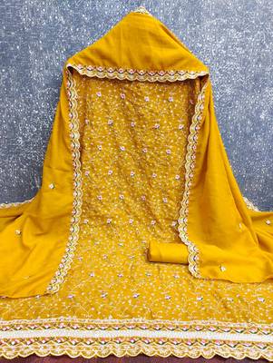 women's mustard unstitched vichitra silk dress material with embroidered dupatta 2