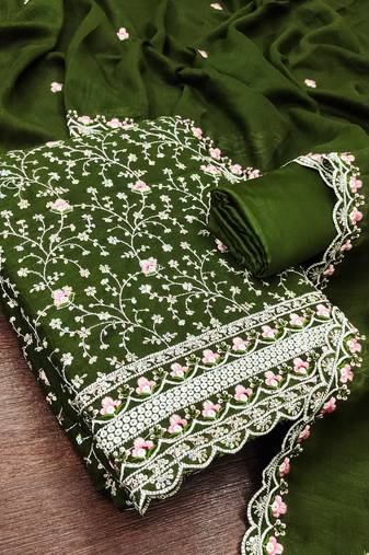 women's green unstitched vichitra silk dress material with embroidered dupatta