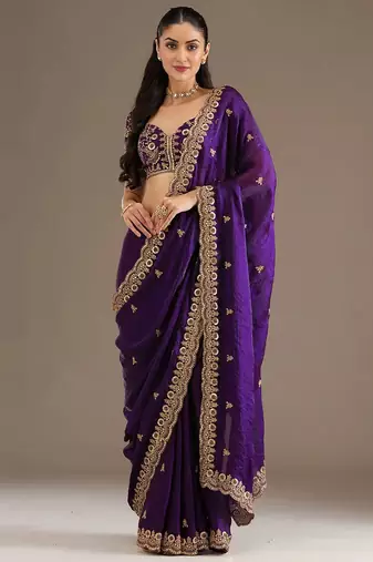 Bewitching purple tissue silk zari and sequins embroidered indian latest design bollywood saree
