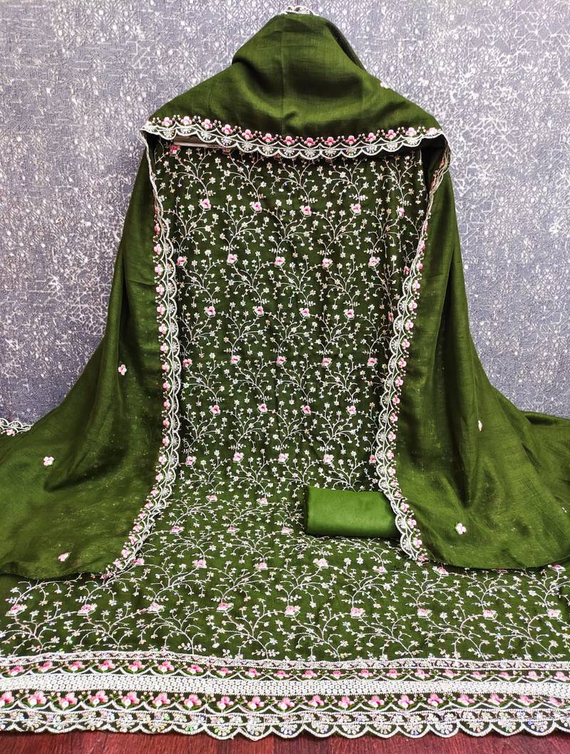 women's green unstitched vichitra silk dress material with embroidered dupatta